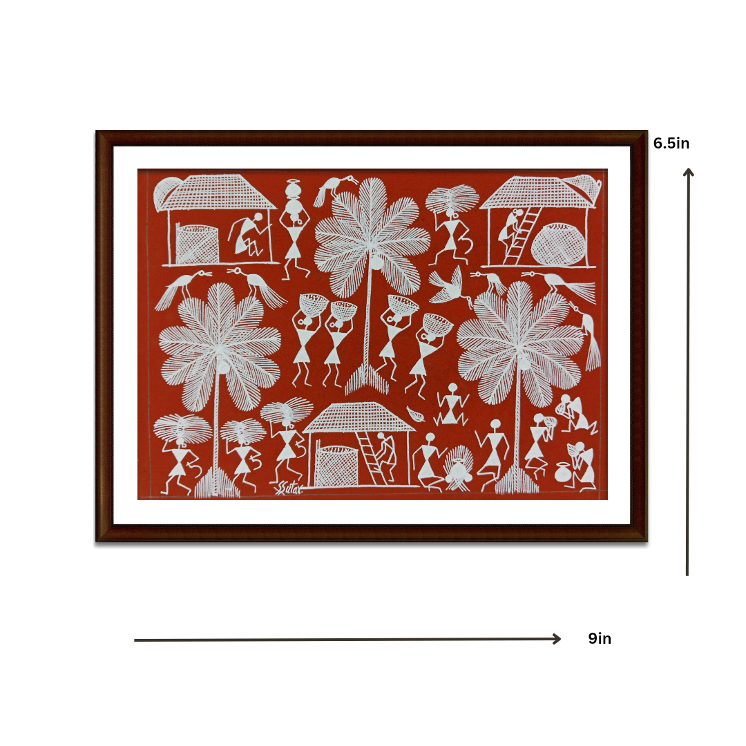 TRIBALS DAILY LIFE WARLI PAINTING (MAROON) WLS133
