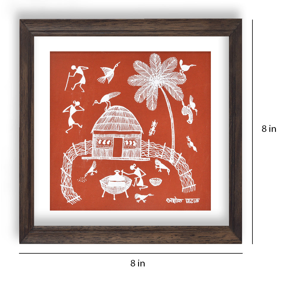 Daily life of tribals warli painting (red)