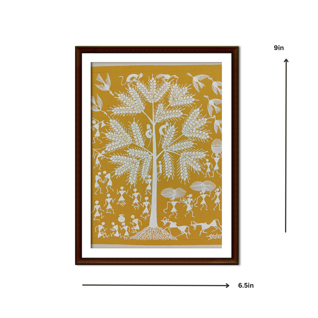 HUGE TREE AND TRIBAL PEOPLE DAILY LIFE WARLI PAINTING (YELLOW) WLS141