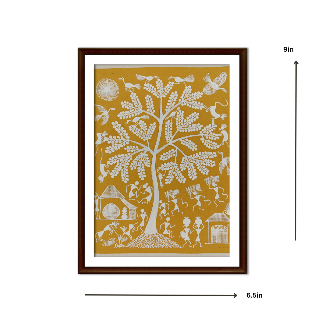 HUGE TREE WITH TRIBAL PEOPLE WARLI PAINTING (YELLOW) WLS147