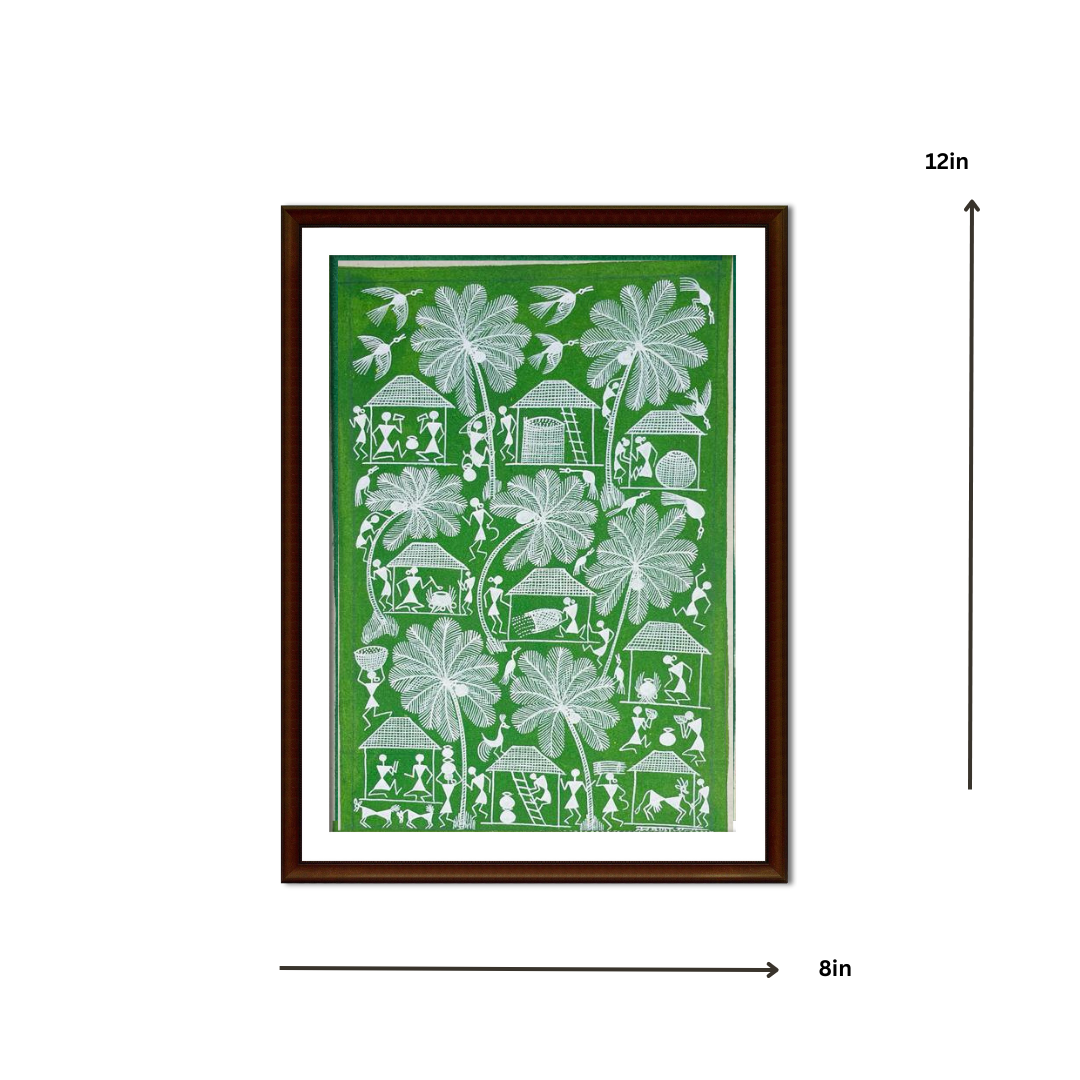 DAILY LIFE OF TRIBALS WARLI PAINTING GREEN WLS178 daily-life-of-tribals-warli-painting-green-wls178