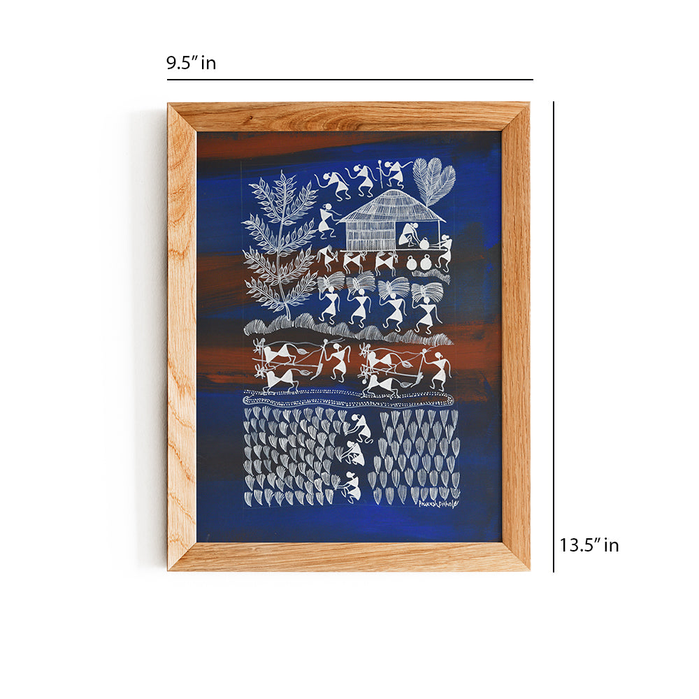 warli painting-life of farmers (blue and brown) WLC27