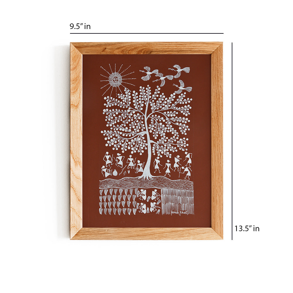 warli painting-rising sun with flying birds (brown)