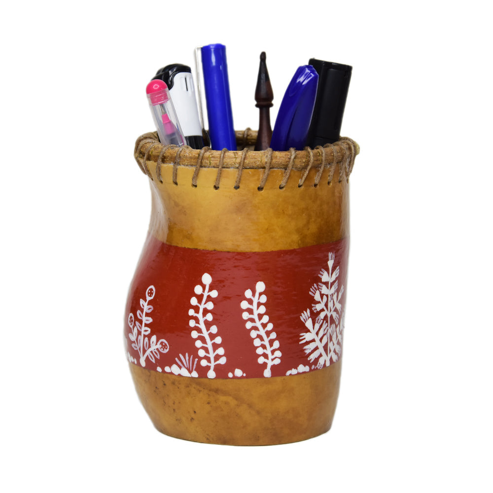 Warli bottlegourd pen stand(coconut tree and tree scenery)(Light brown)