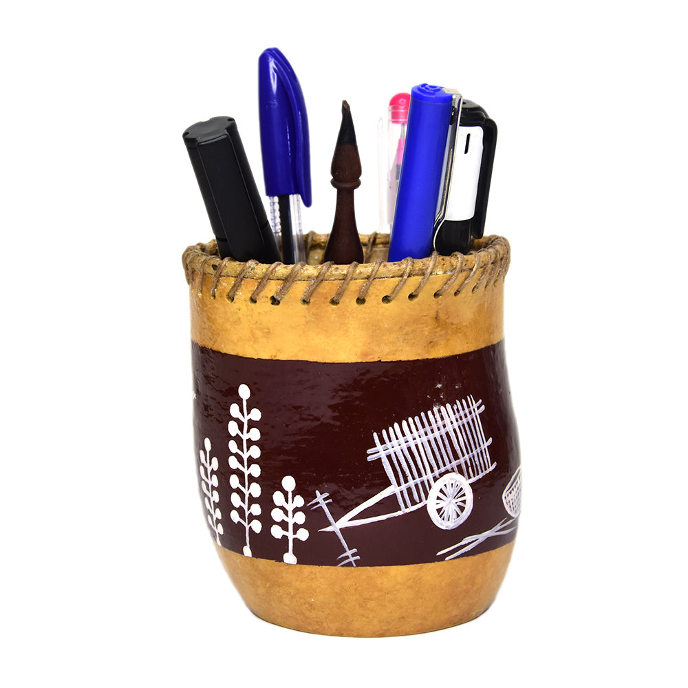 Warli bottlegourd pen stand(women weaving basket and bird)(Dark brown)