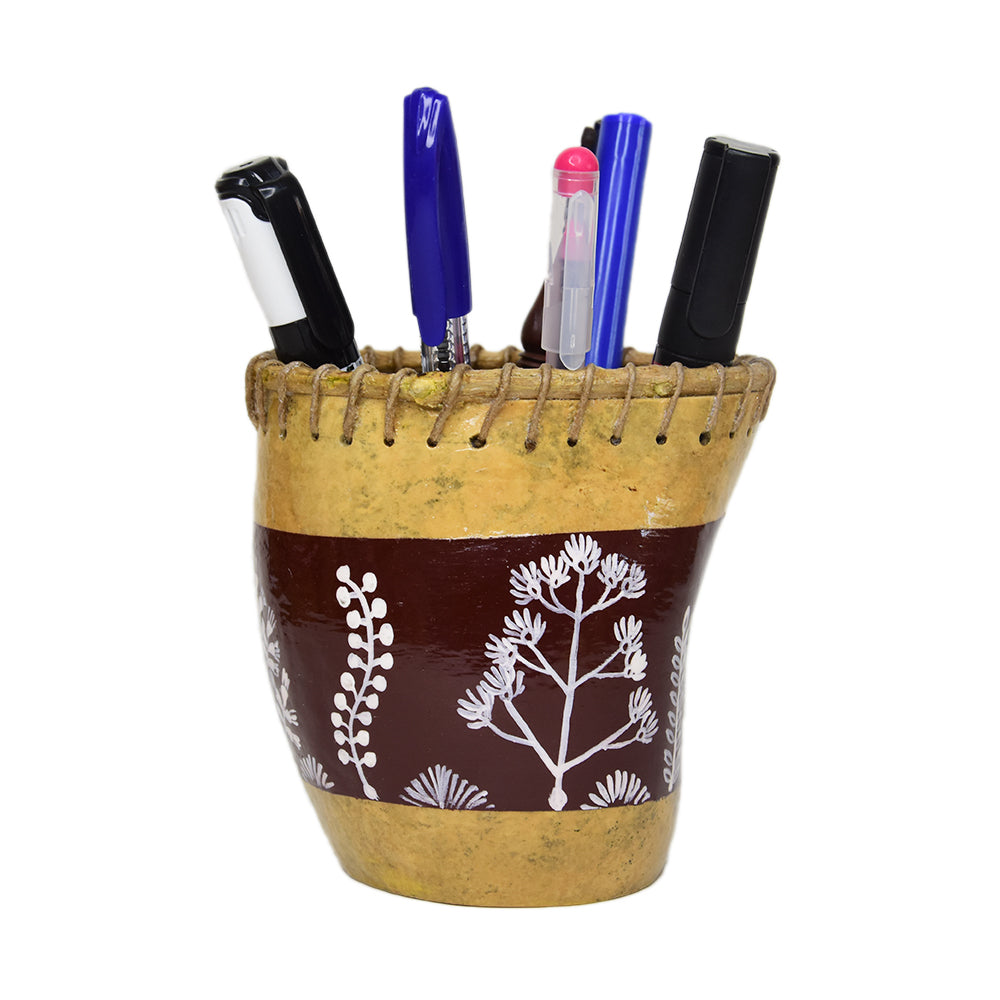 Warli bottlegourd pen stand(tree scenery)(Dark brown)