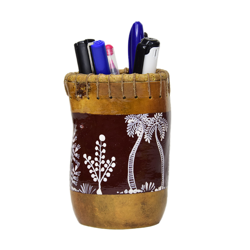 Warli bottlegourd pen stand(two coconut trees and trees)(Dark brown)