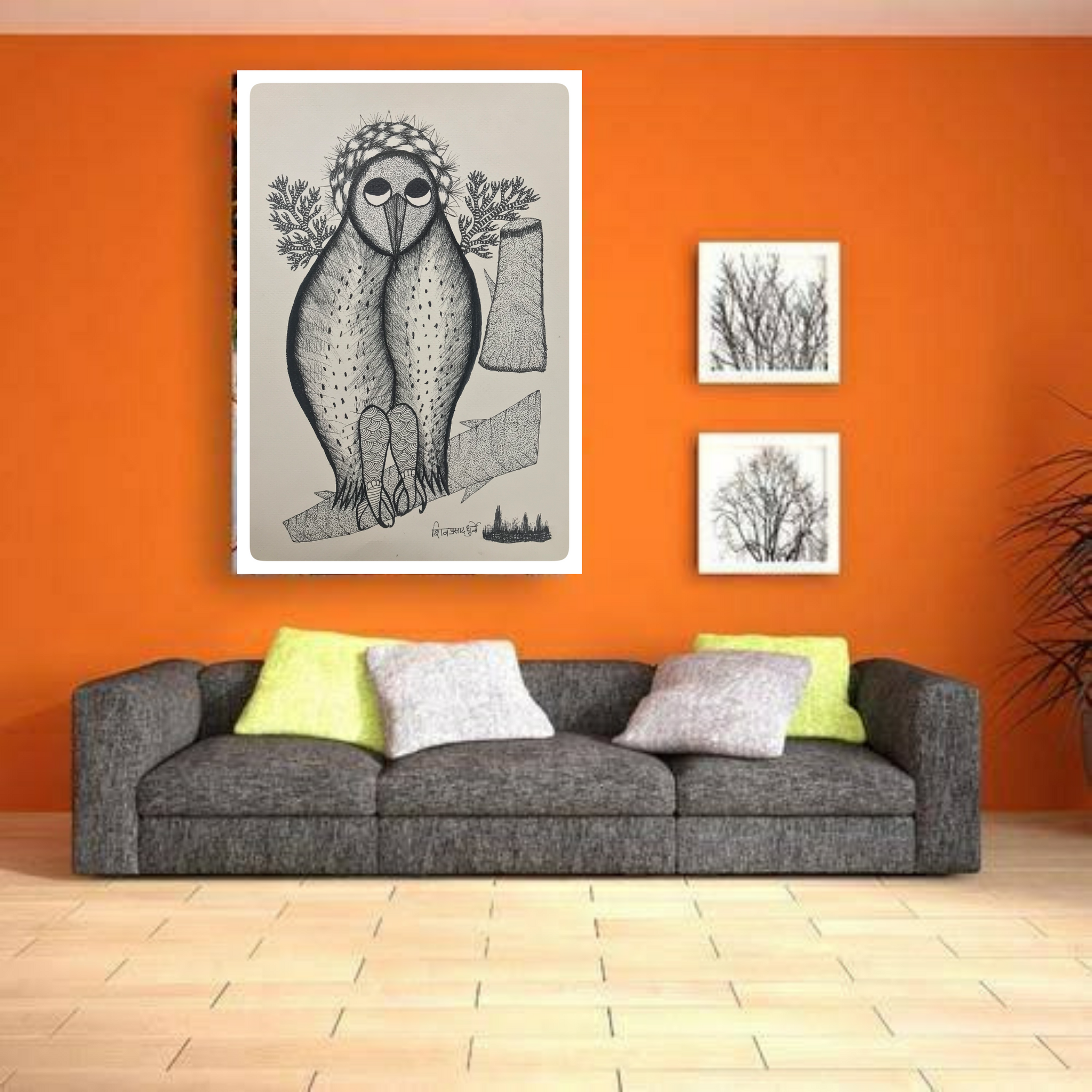 Embrace Elegance with the Enchanting Traditional Gond Art Black & White Owl Painting GD011