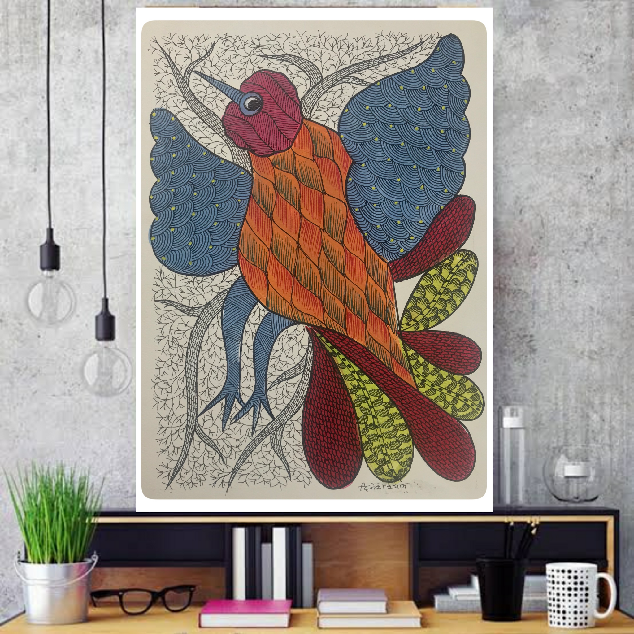 Traditional Gond Art Colorful Bird Painting GD018