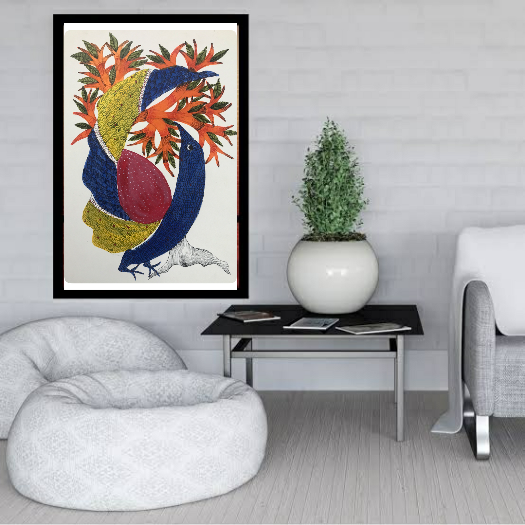 Enhance Your Décor with the Captivating Traditional Gond Art Bird with Tree Painting GD029