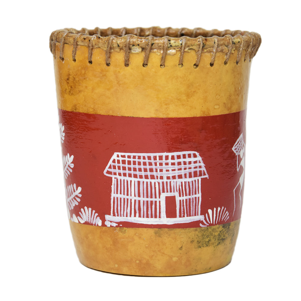 Warli bottlegourd pen stand(women carrying basket and tree scenery)(Light brown)