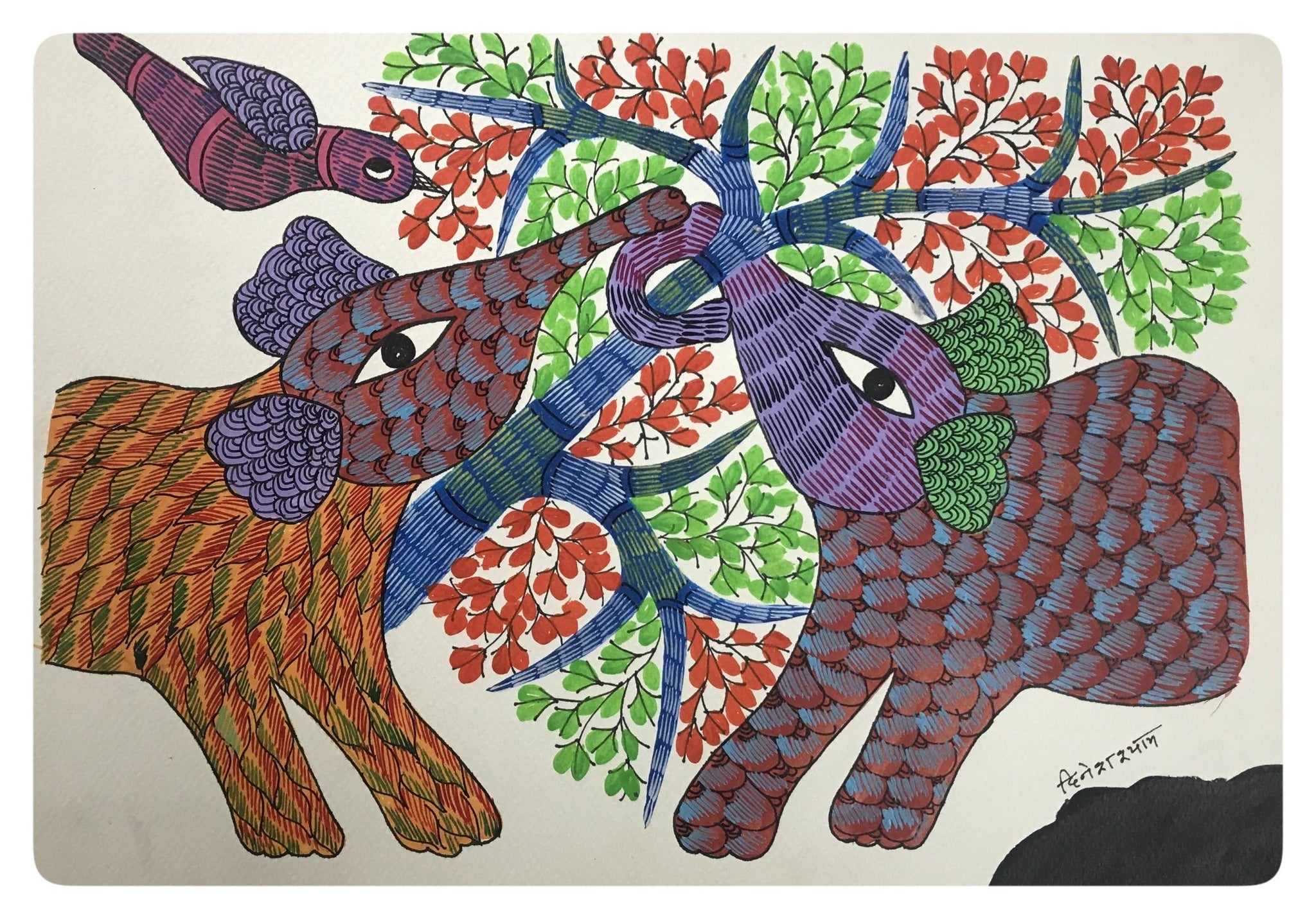 Traditional Gond Art Colorful Elephant Painting GD005