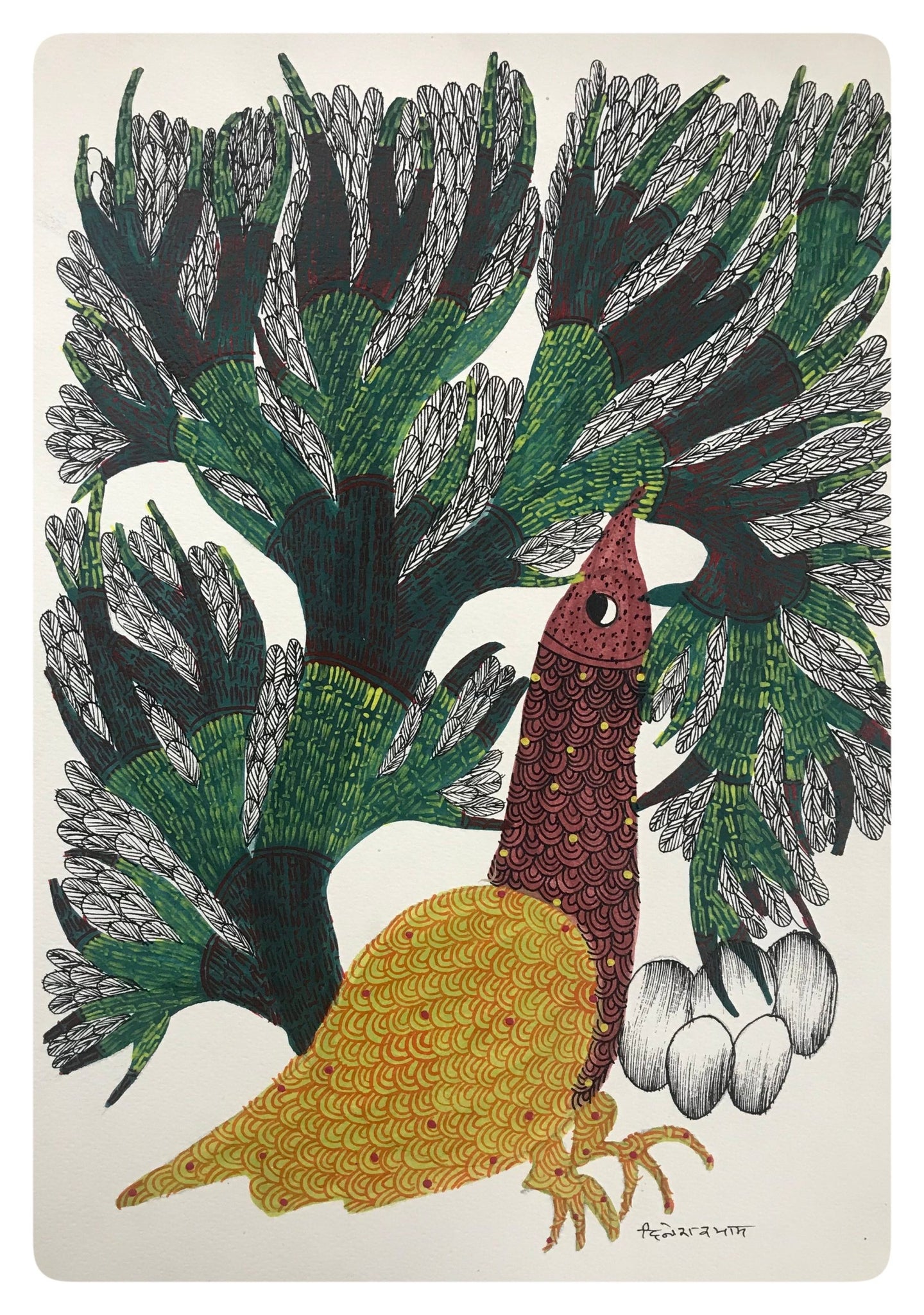 Unveiling the Serene Beauty of Traditional Gond Art: Bird with Eggs Painting GD006