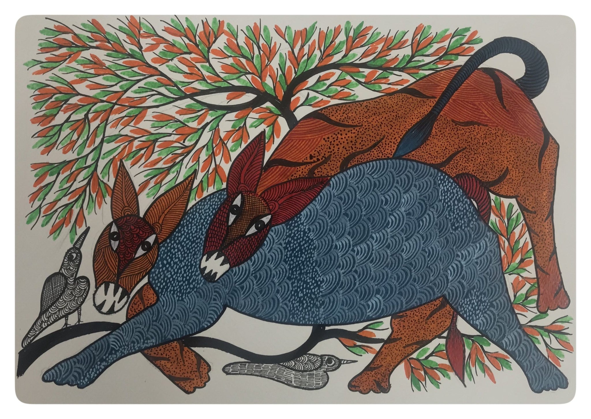 Traditional Gond Art Cuddling Animals Painting GD017