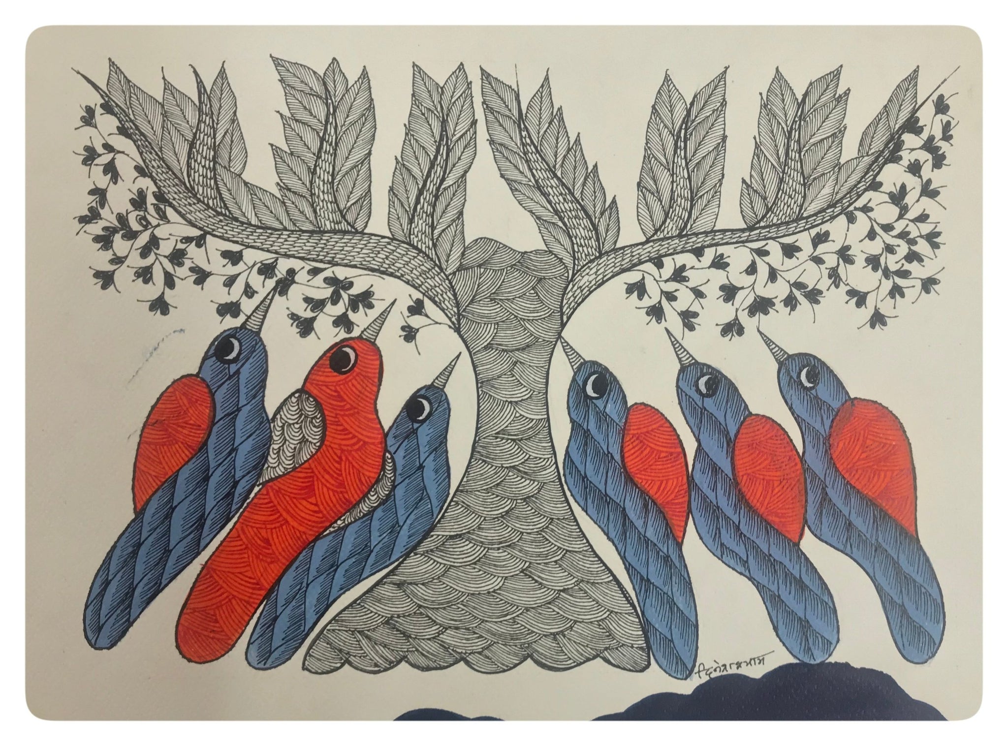 Traditional Gond Art Birds with Bonsai Tree GD019