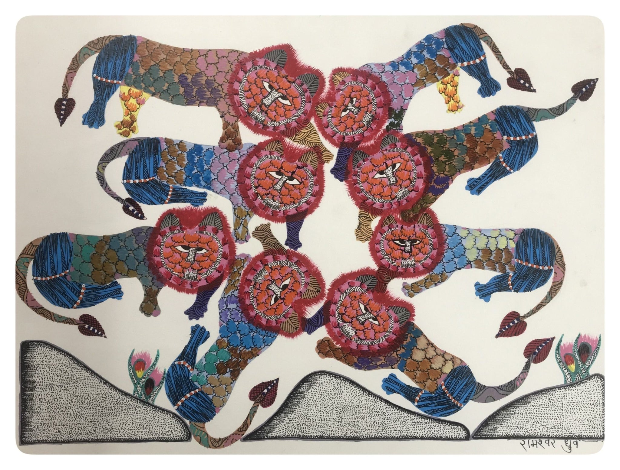 GD035 Traditional Gond Art Group of Lions Painting