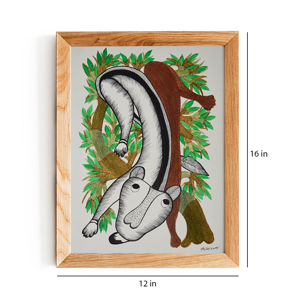 Embrace the Majesty of Gond Art: Tiger Sitting on the Tree Painting GD084