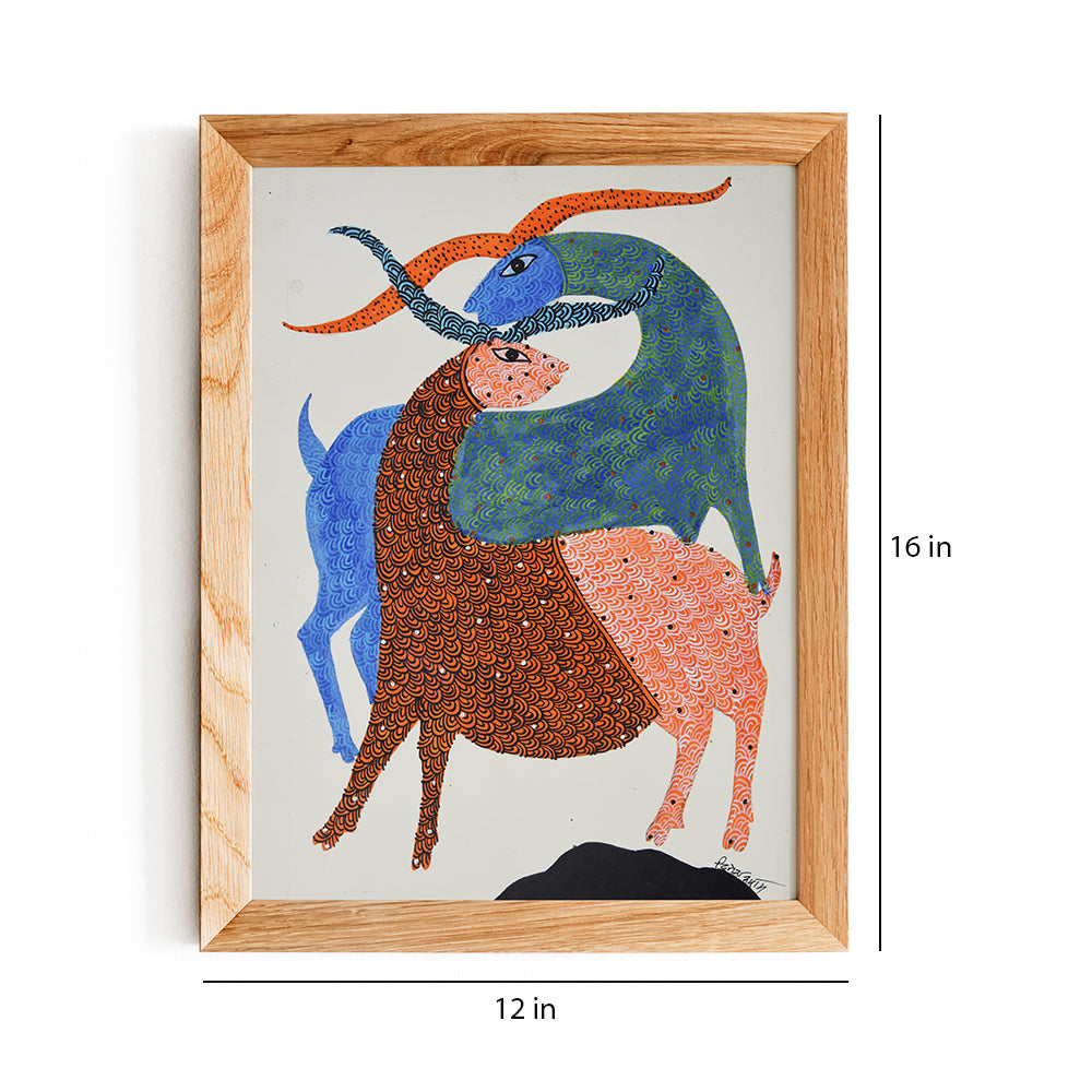 Experience the Allure of Gond Art with the Majestic Two Standing Deer Painting GD086