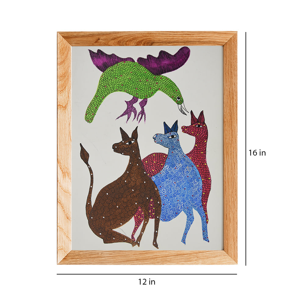 Gond painting- Three Deer and One bird GD091
