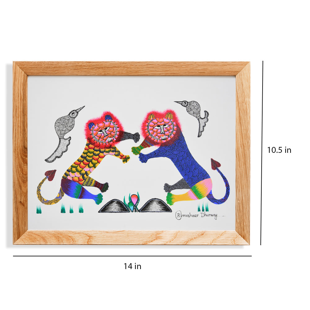 Gond art-two lion standing painting GDC004