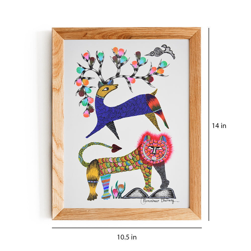 Gond art-lion and deer painting GDC008