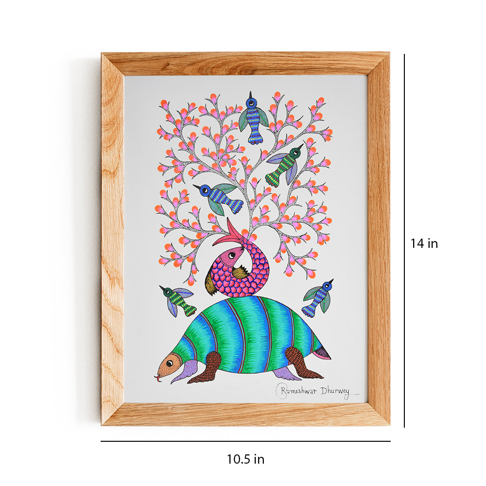 "Gond Art Tree and Turtle Painting": A Serene Tribute to Nature's Harmony and Resilience GDC035