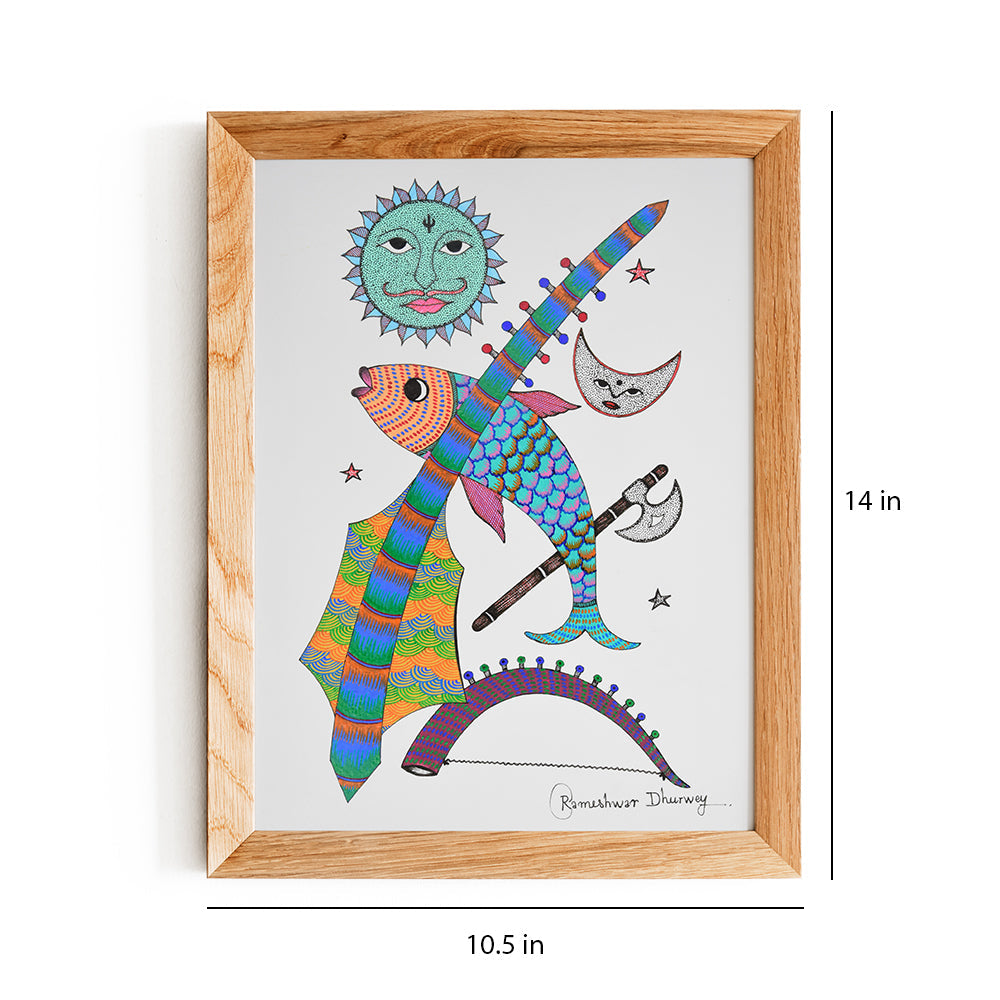 Embrace Prosperity and Natural Beauty: Hand-Painted Gond Art Fish and Rising Sun Painting GDC038