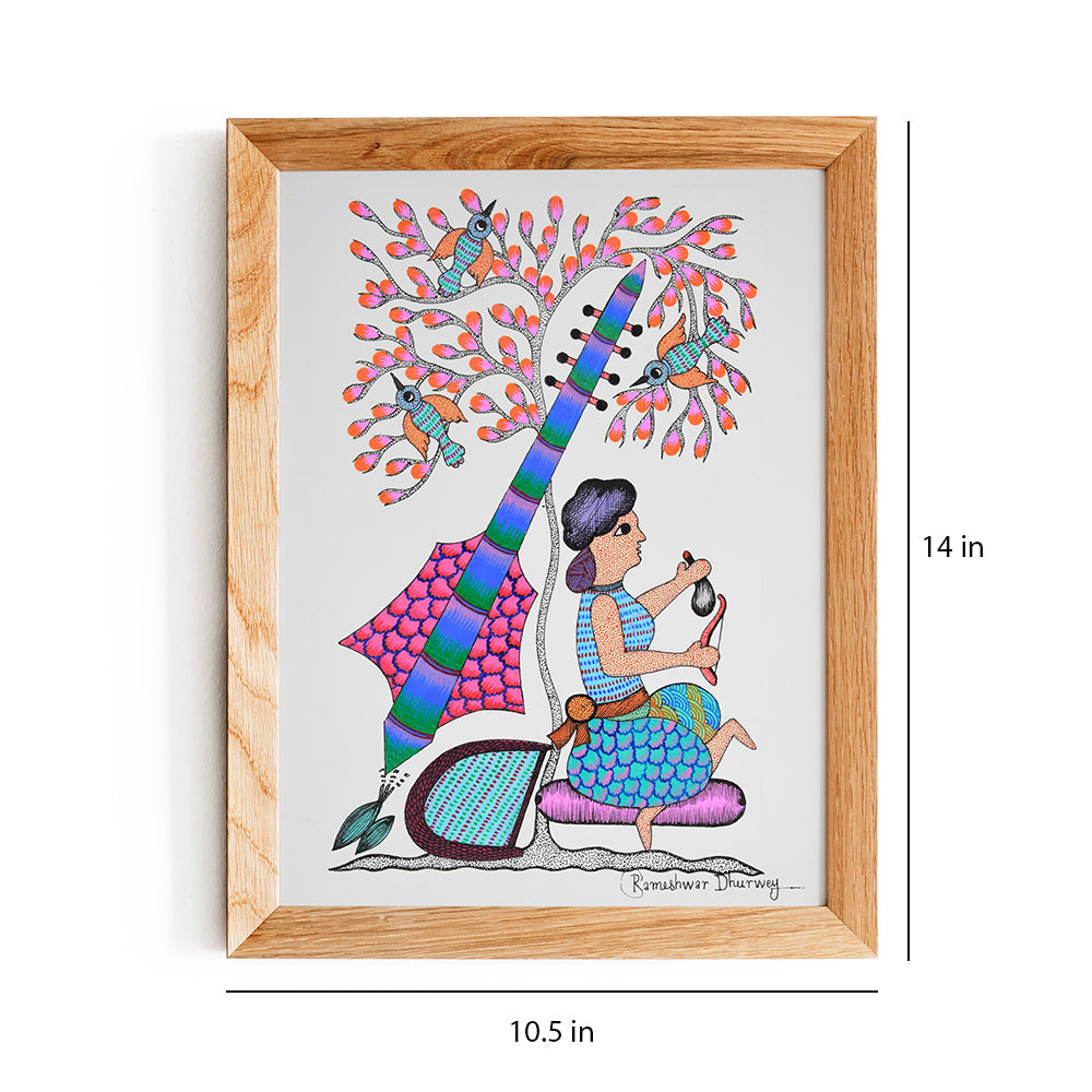 "Gond Art Woman Playing Santoor Beside Tree Painting": A Harmonious Fusion of Music, Nature, and Folklore  GDC043