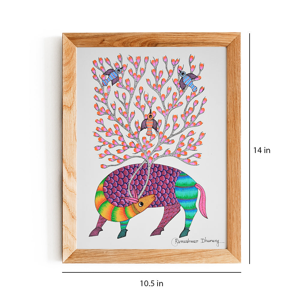 "Gond Art Armadillos and Birds on Tree Painting": A Whimsical Harmony of Nature's Playfulness and Folklore GDC047