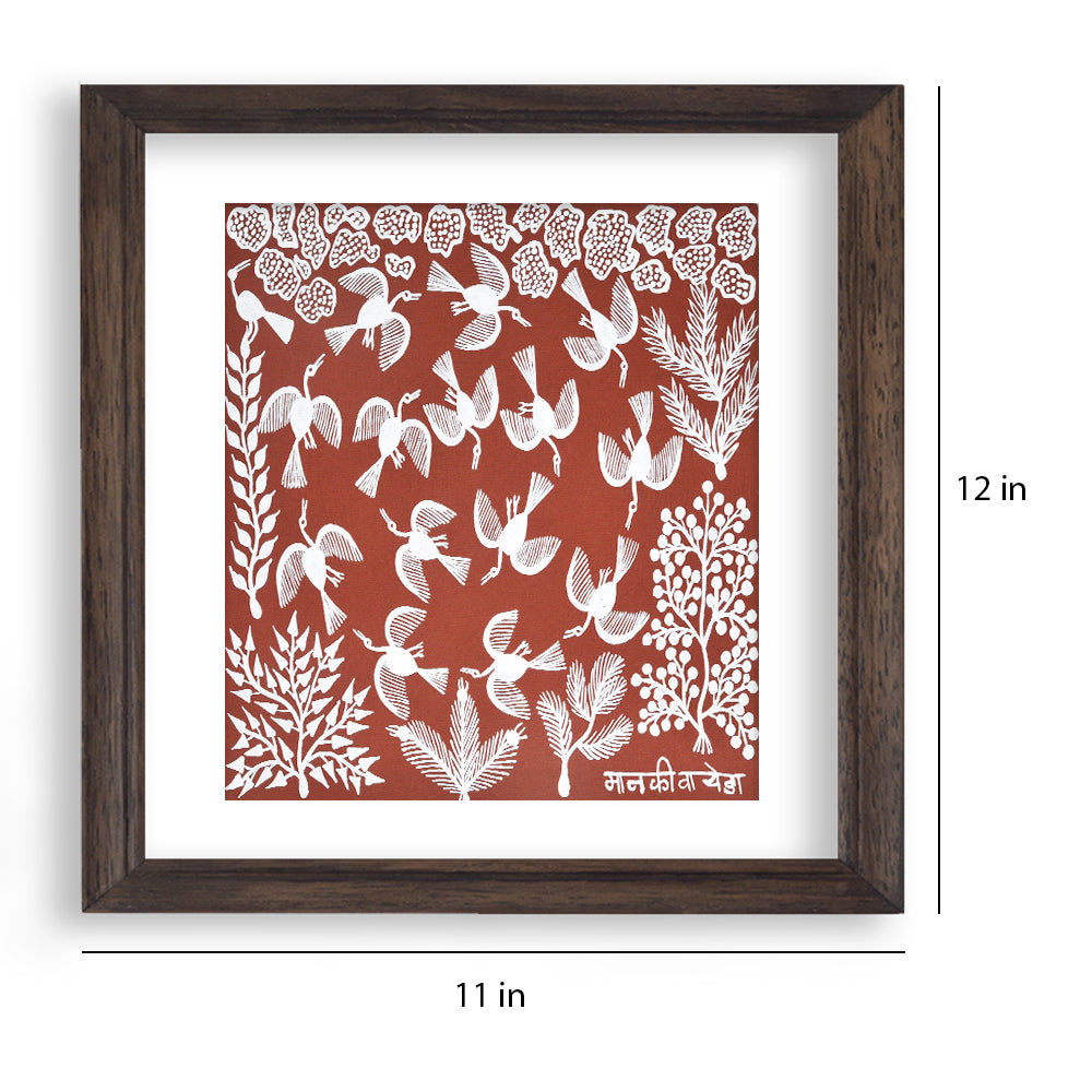 "Art of Bird Scenery Warli Painting (Red): A Timeless Expression of Warli Culture"