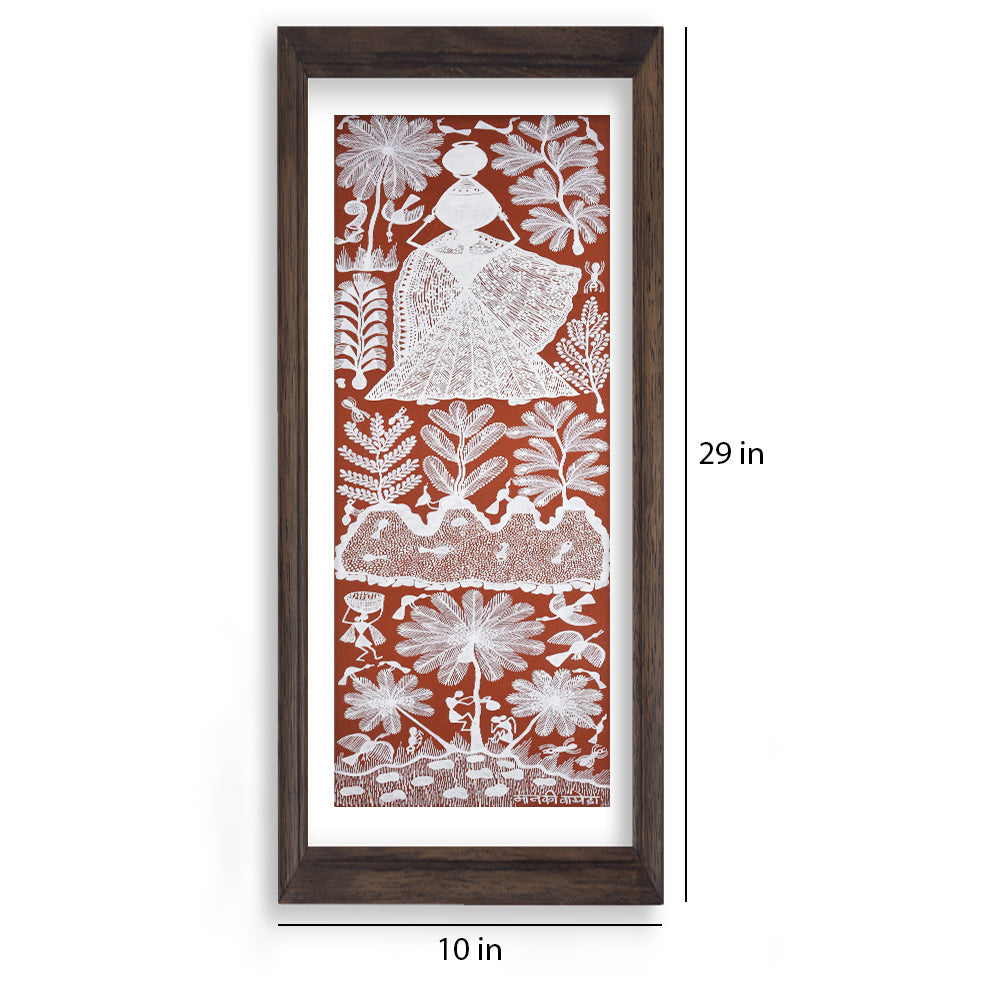 Woman carrying water pot warli painting (red)